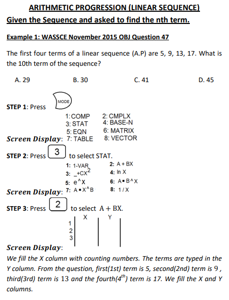 Using scientific calculator to solve Arithmetic Progression or Linear Sequence